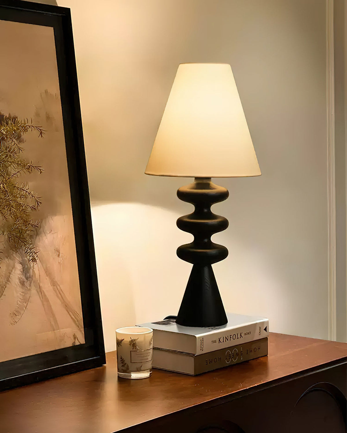 Table Lamp 19.7 Inches Ripple Carved Wood Base Fabric Shade