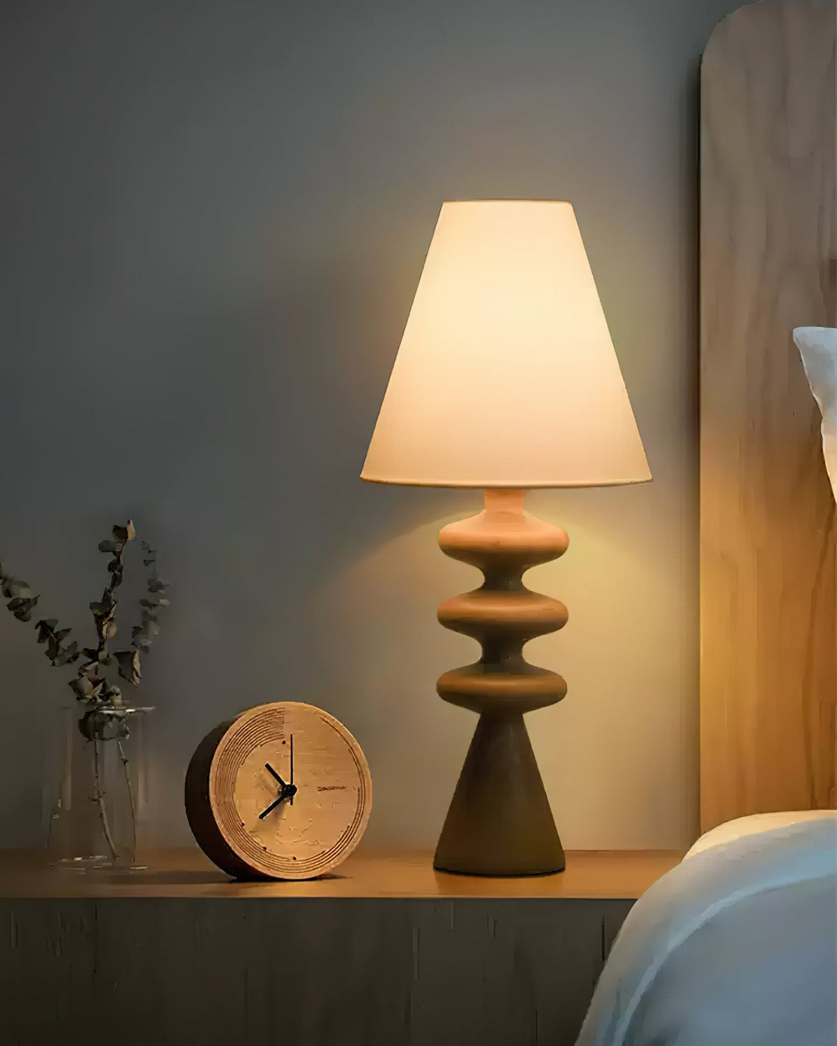 Table Lamp 19.7 Inches Ripple Carved Wood Base Fabric Shade