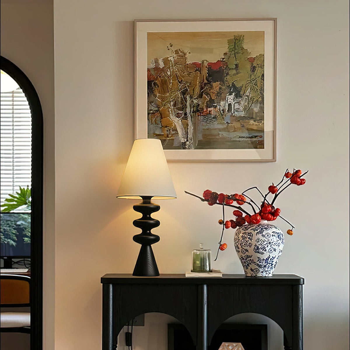 Table Lamp 19.7 Inches Ripple Carved Wood Base Fabric Shade