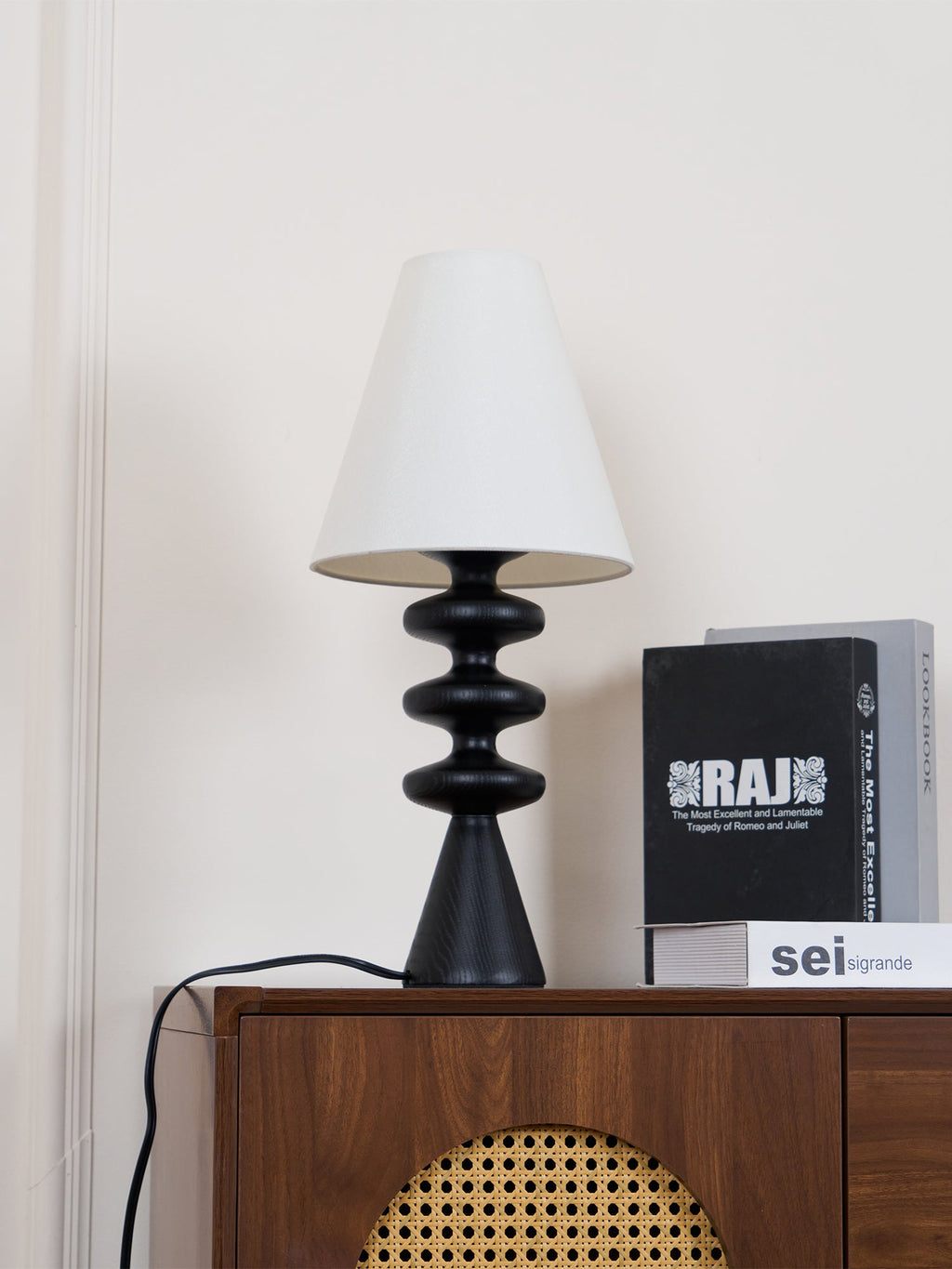 Table Lamp 19.7 Inches Ripple Carved Wood Base Fabric Shade