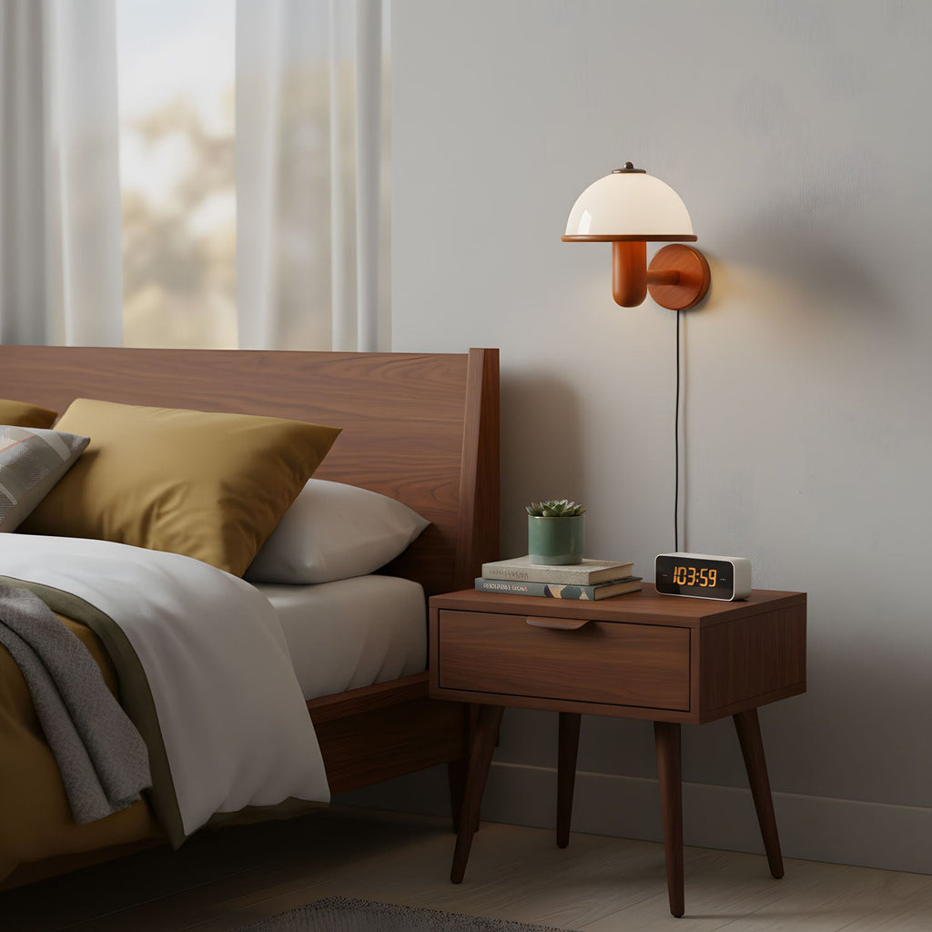 Wall Lamp 11 Inches Oak Wood Mushroom Shape White Shade