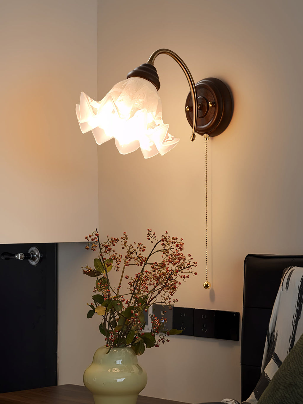 Wall Lamp 8.7 Inches Ruffled Glass Shade Curved Brass Arm