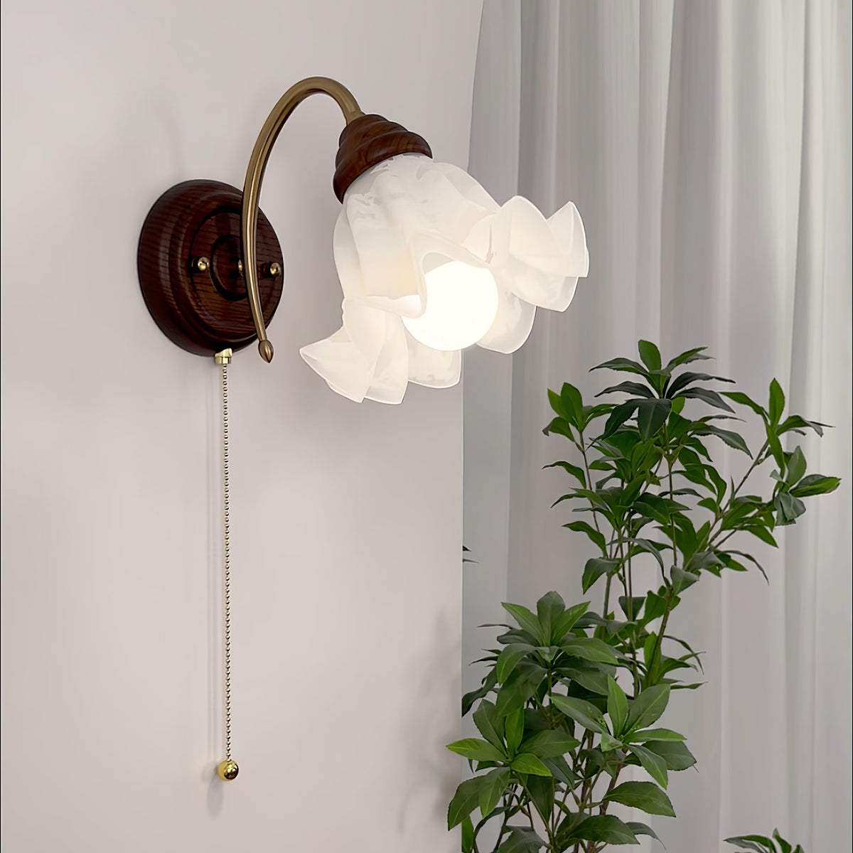 Wall Lamp 8.7 Inches Ruffled Glass Shade Curved Brass Arm
