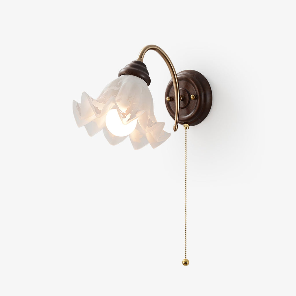 Wall Lamp 8.7 Inches Ruffled Glass Shade Curved Brass Arm