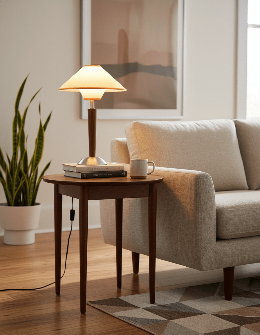 Table Lamp with Solid Wood Column and Fabric Shade Brown