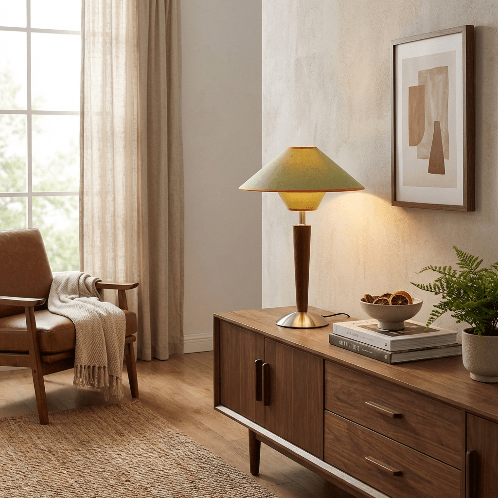 Table Lamp with Solid Wood Column and Fabric Shade Brown