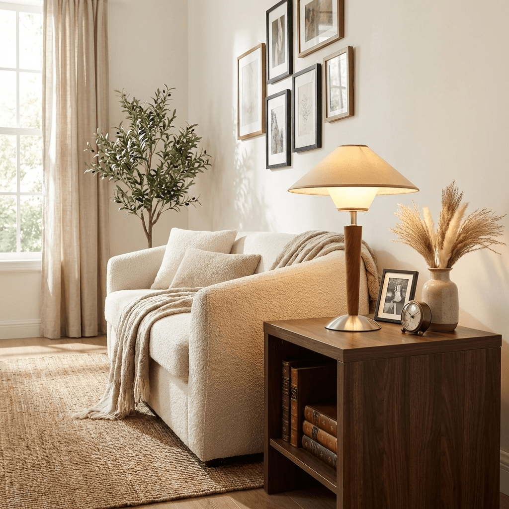 Table Lamp with Solid Wood Column and Fabric Shade Brown