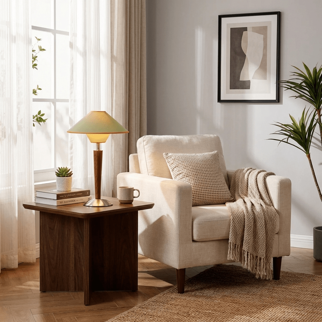 Table Lamp with Solid Wood Column and Fabric Shade Brown