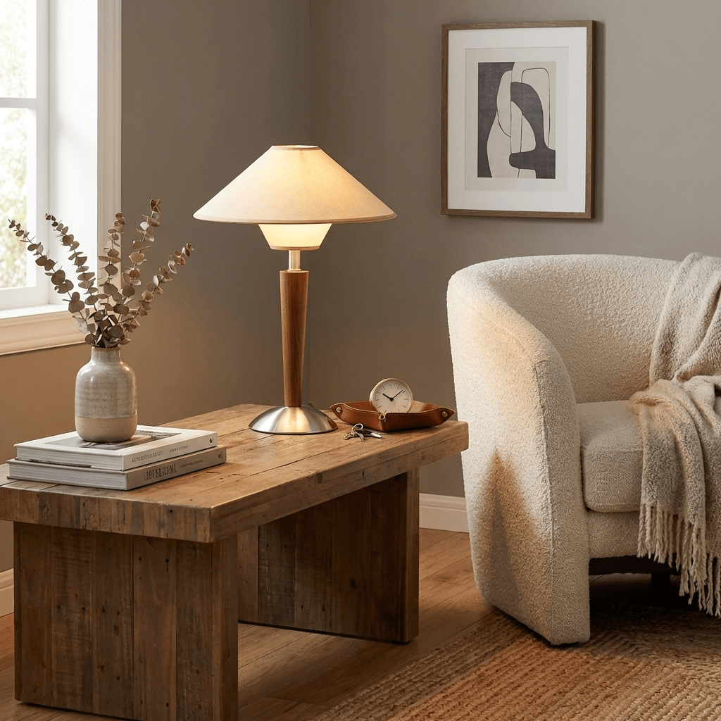 Table Lamp with Solid Wood Column and Fabric Shade Brown