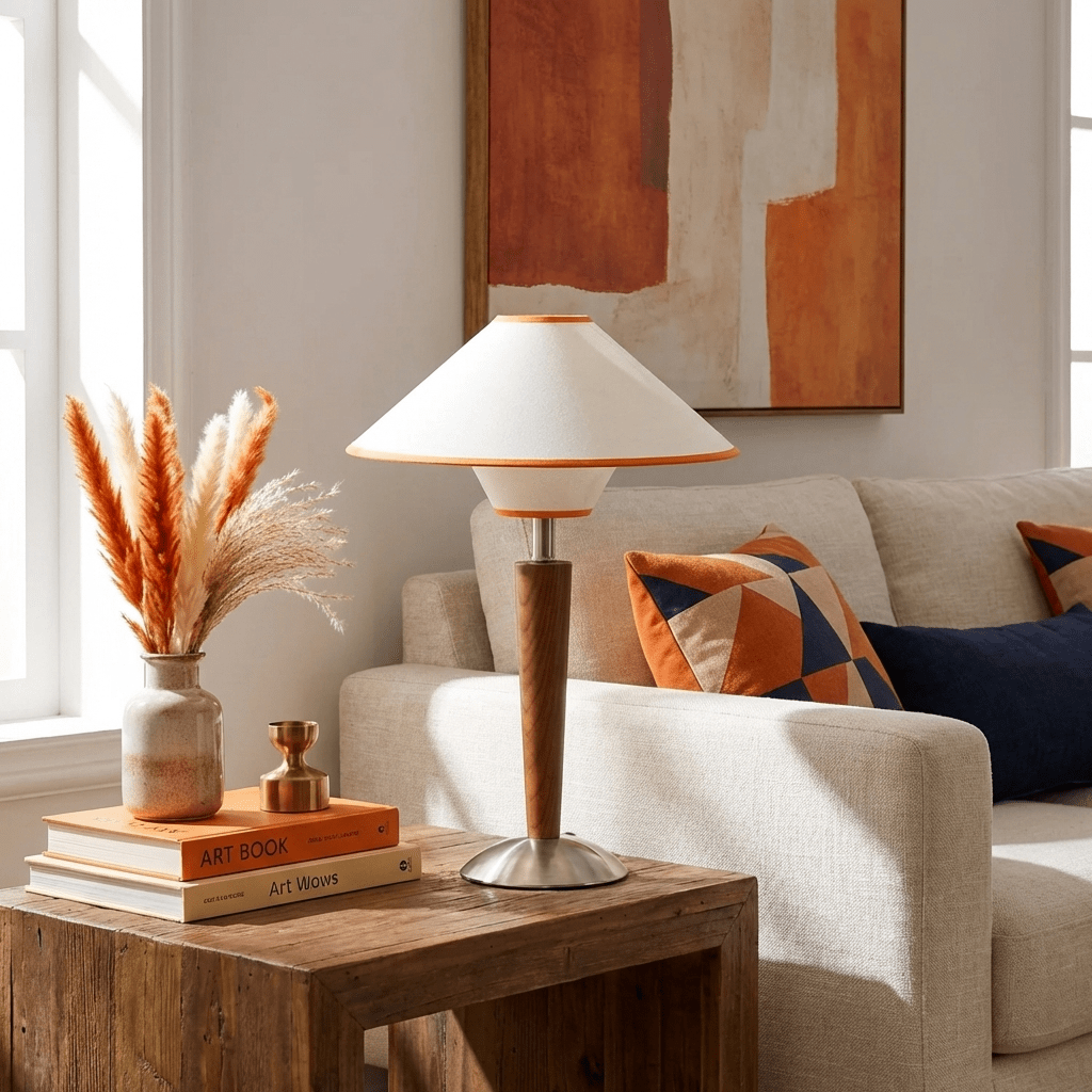 Table Lamp with Solid Wood Column and Fabric Shade Brown
