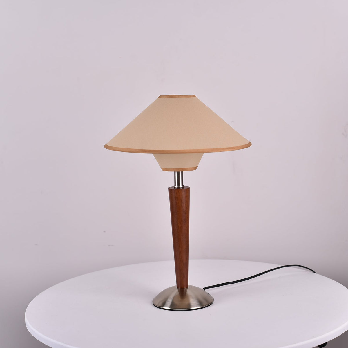 Table Lamp with Solid Wood Column and Fabric Shade Brown