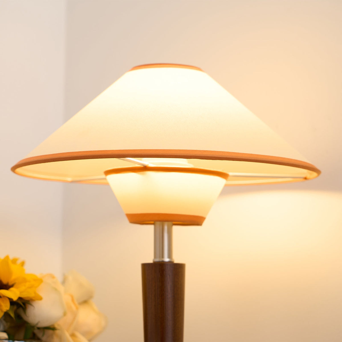 Table Lamp with Solid Wood Column and Fabric Shade Brown