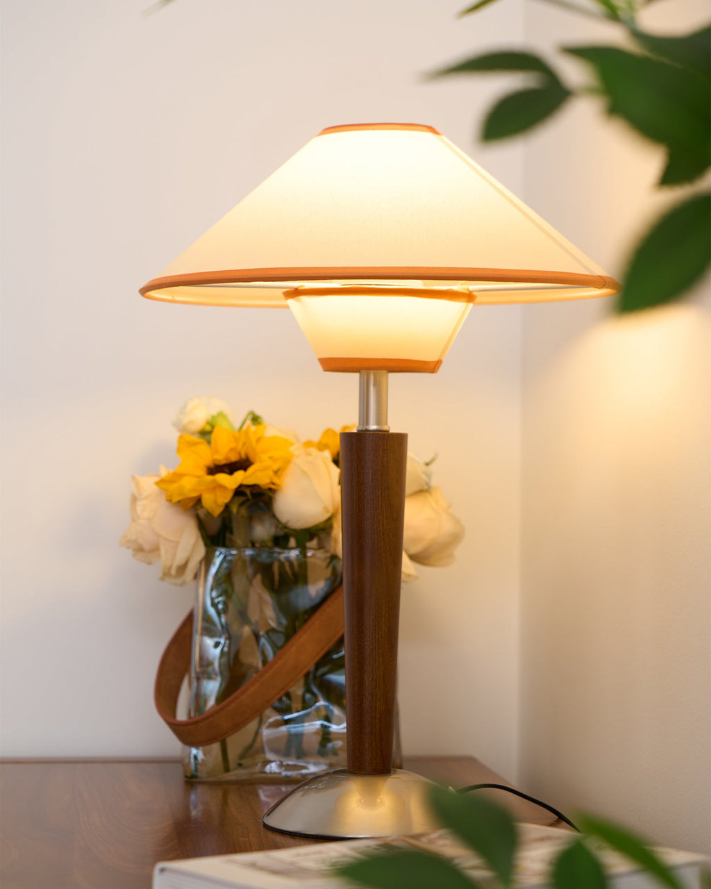 Table Lamp with Solid Wood Column and Fabric Shade Brown