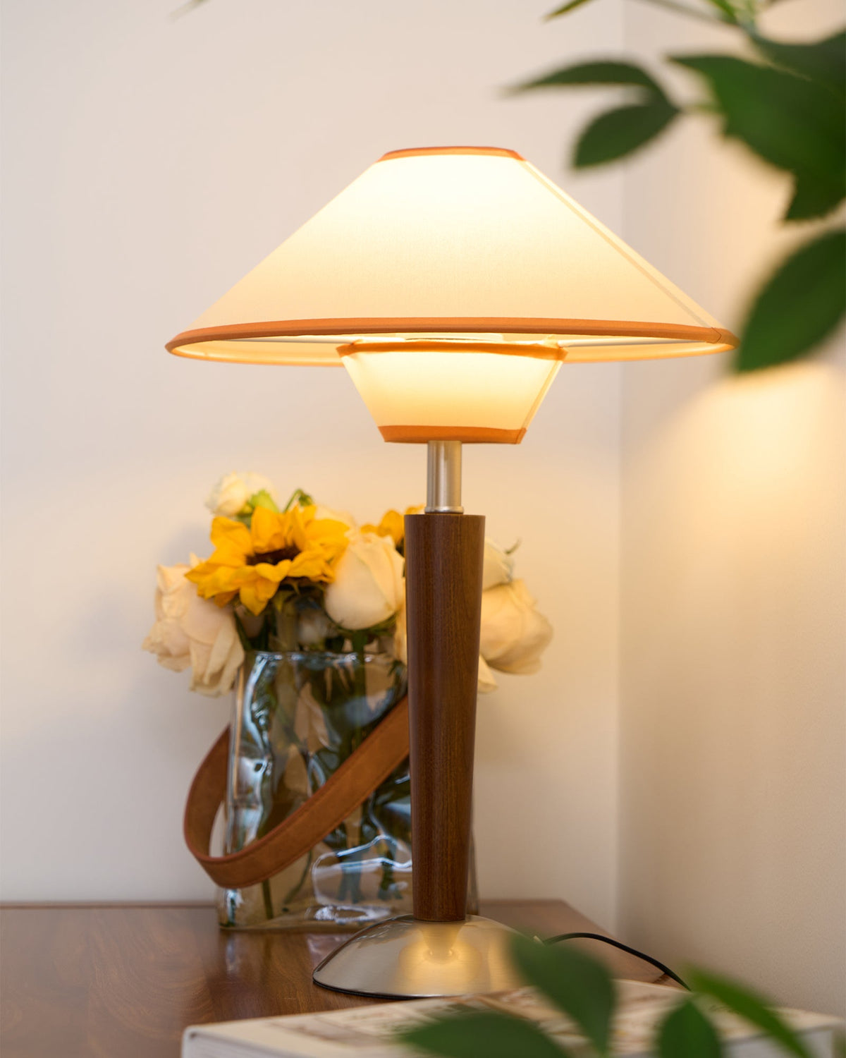 Table Lamp with Solid Wood Column and Fabric Shade Brown