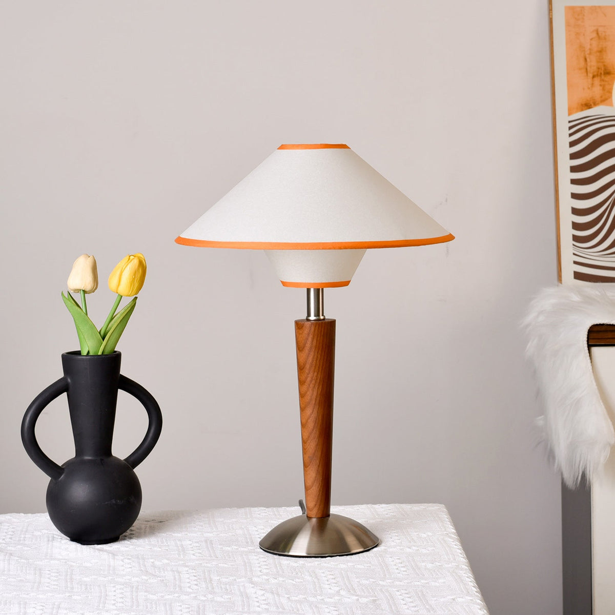 Table Lamp with Solid Wood Column and Fabric Shade Brown