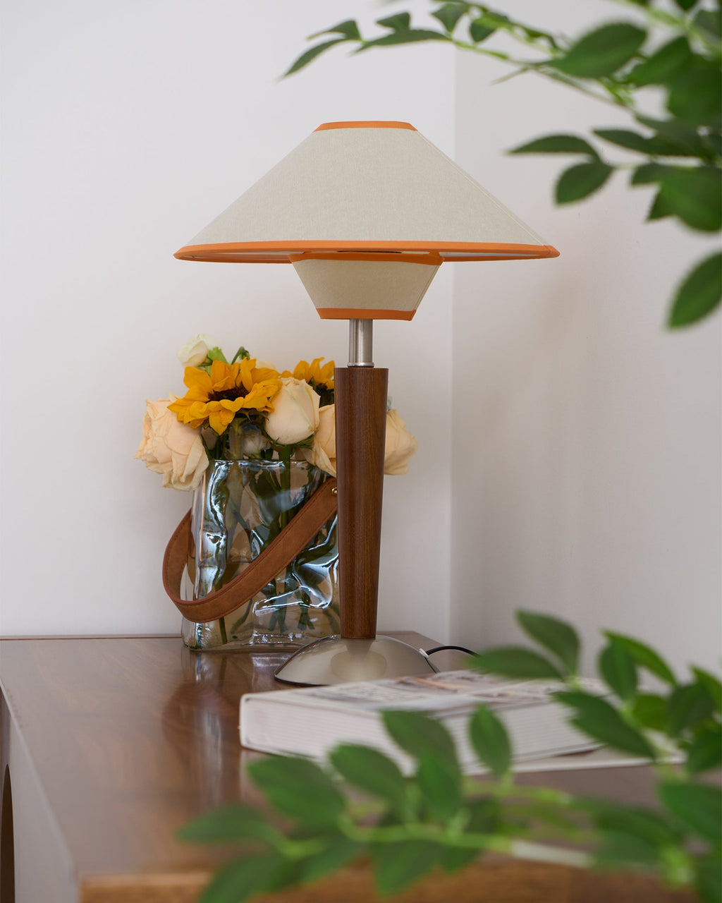 Table Lamp with Solid Wood Column and Fabric Shade Brown