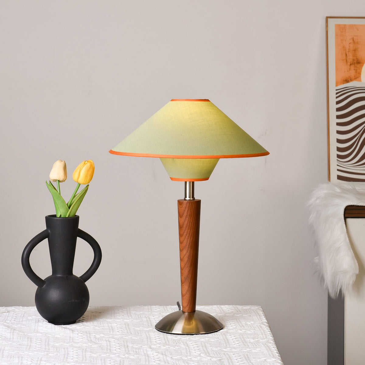 Table Lamp with Solid Wood Column and Fabric Shade Brown