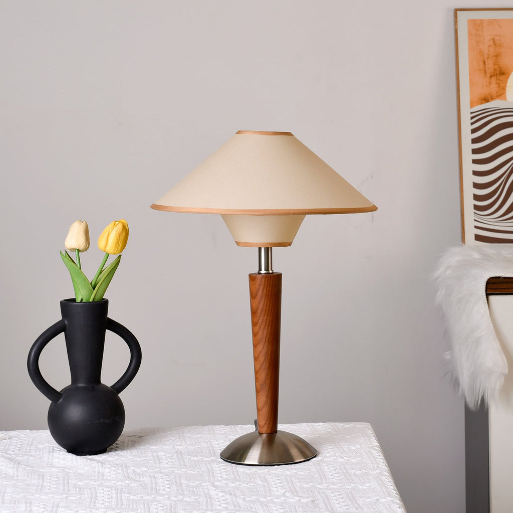 Table Lamp with Solid Wood Column and Fabric Shade Brown