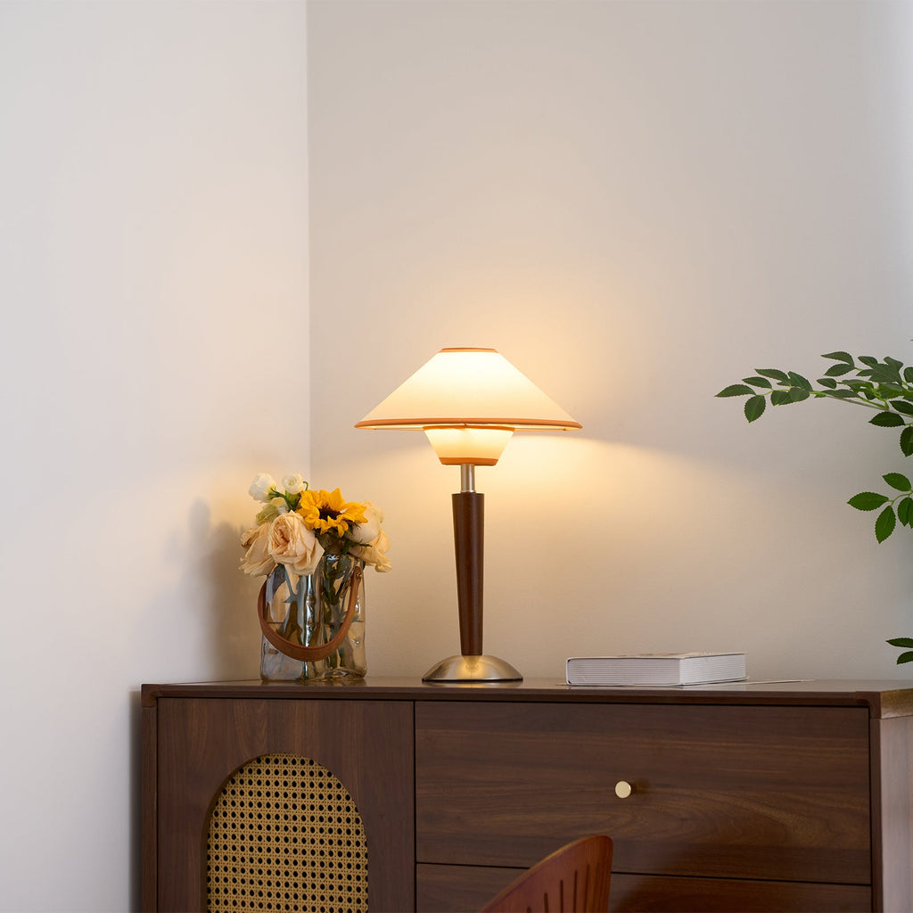 Table Lamp with Solid Wood Column and Fabric Shade Brown