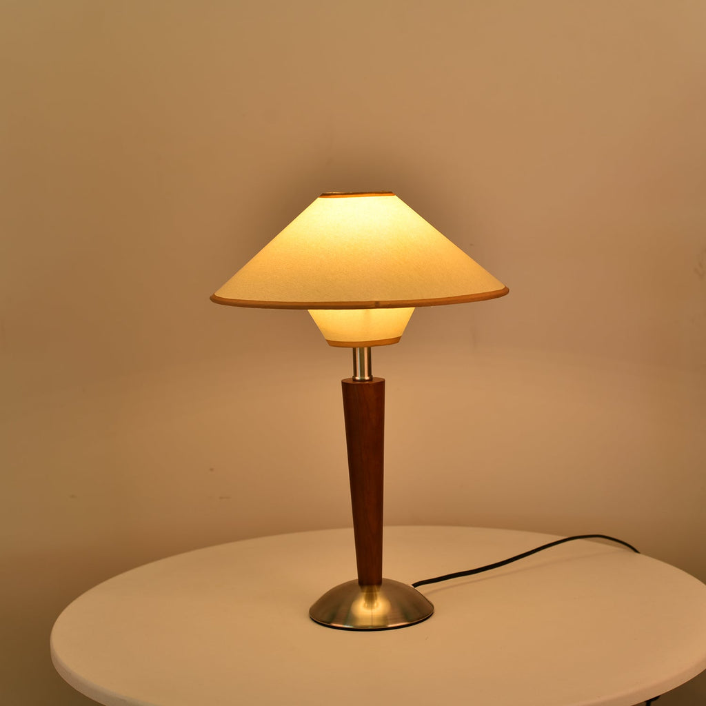 Table Lamp with Solid Wood Column and Fabric Shade Brown