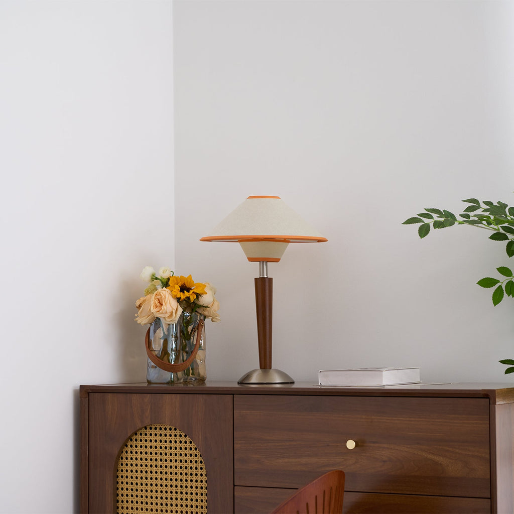 Table Lamp with Solid Wood Column and Fabric Shade Brown