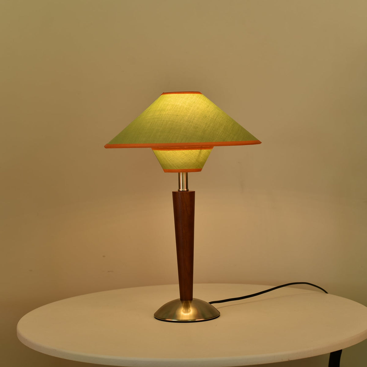Table Lamp with Solid Wood Column and Fabric Shade Brown