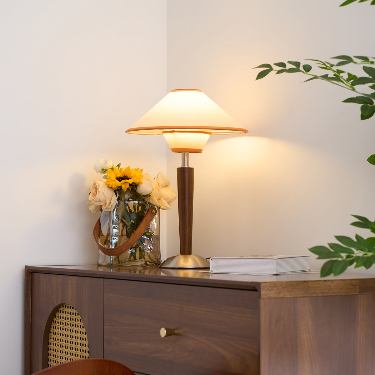 Table Lamp with Solid Wood Column and Fabric Shade Brown