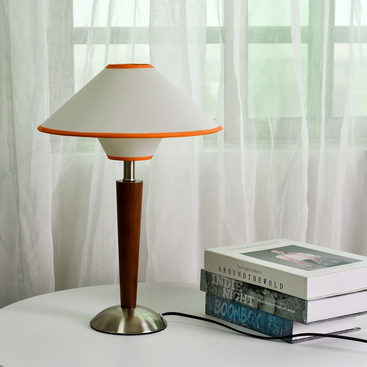 Table Lamp with Solid Wood Column and Fabric Shade Brown