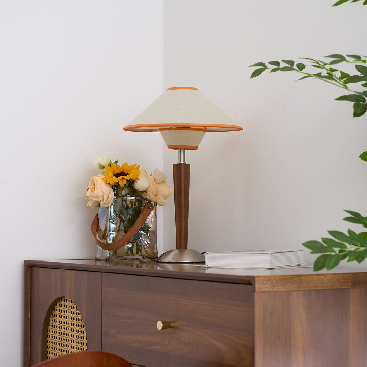 Table Lamp with Solid Wood Column and Fabric Shade Brown