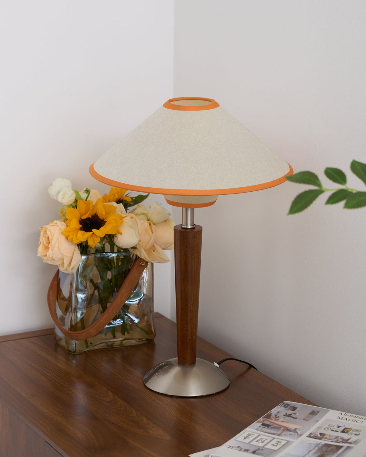 Table Lamp with Solid Wood Column and Fabric Shade Brown