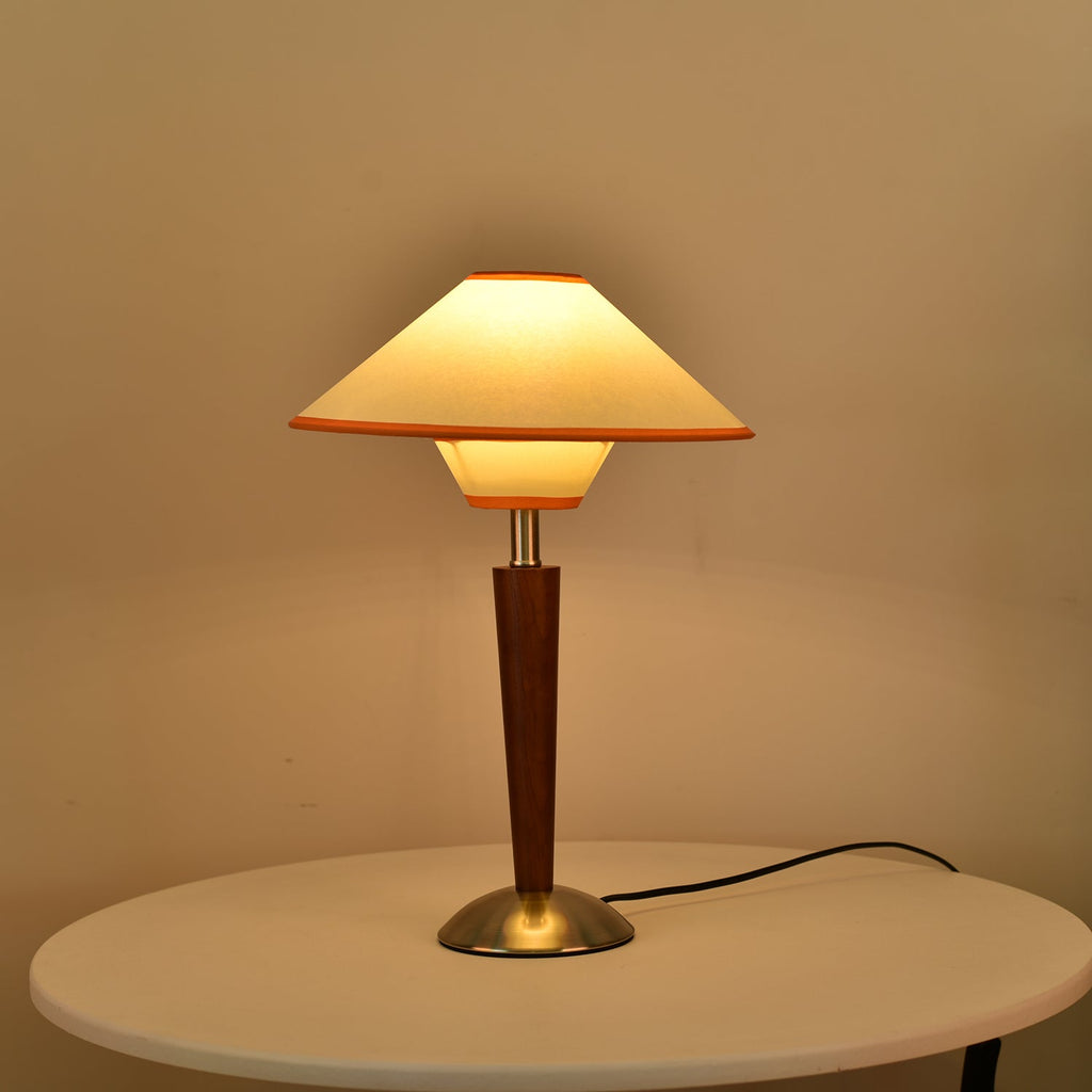 Table Lamp with Solid Wood Column and Fabric Shade Brown