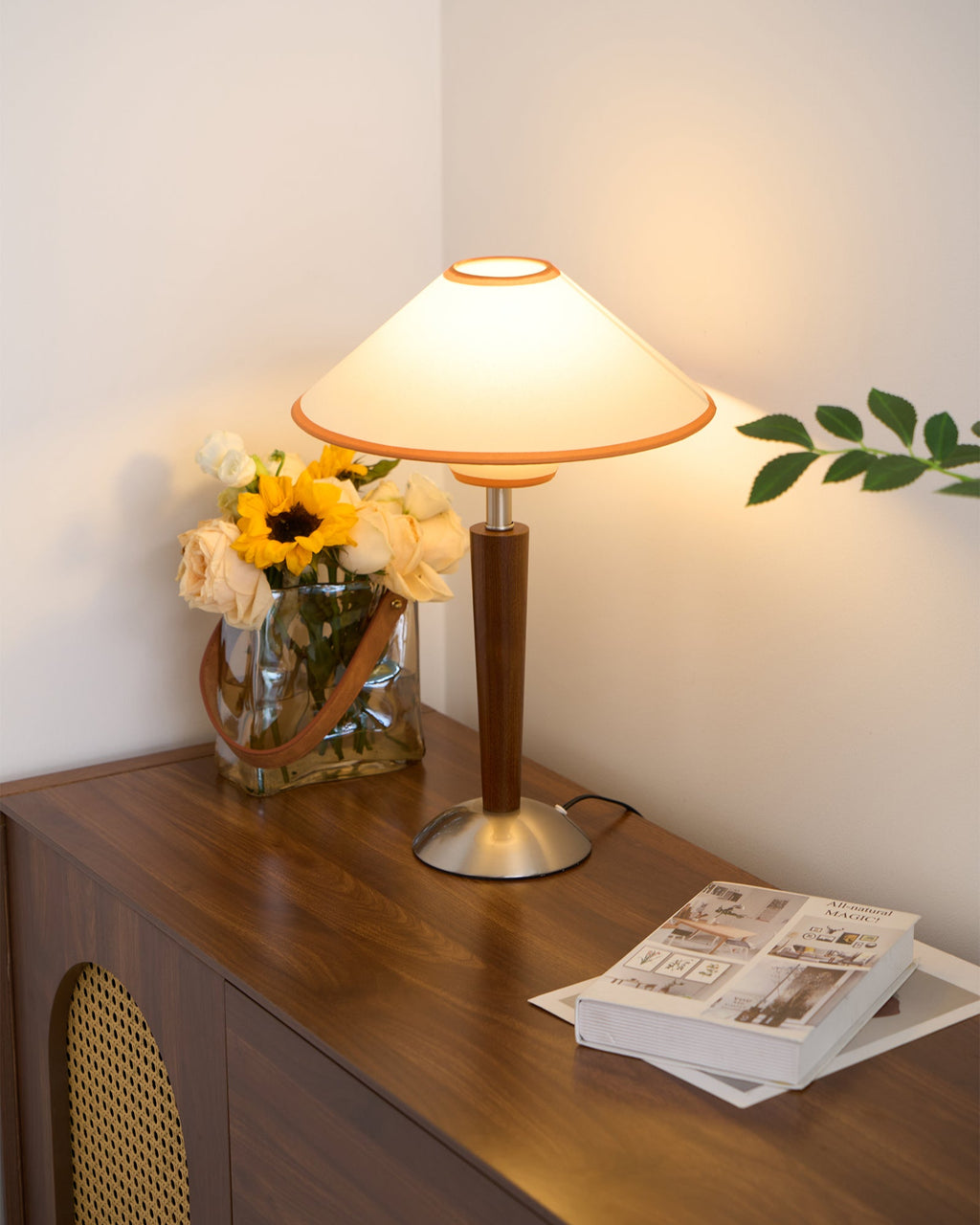 Table Lamp with Solid Wood Column and Fabric Shade Brown