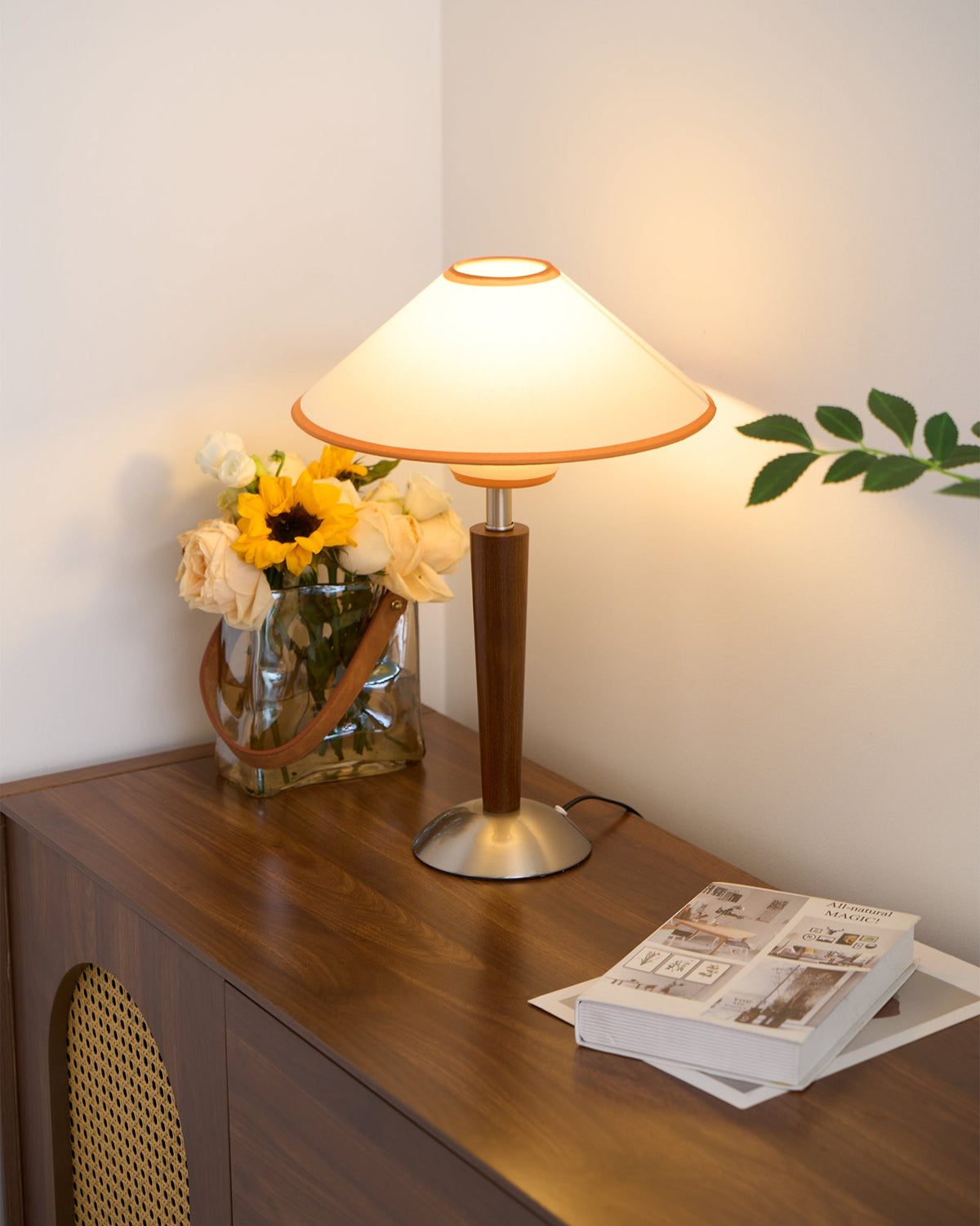 Table Lamp with Solid Wood Column and Fabric Shade Brown