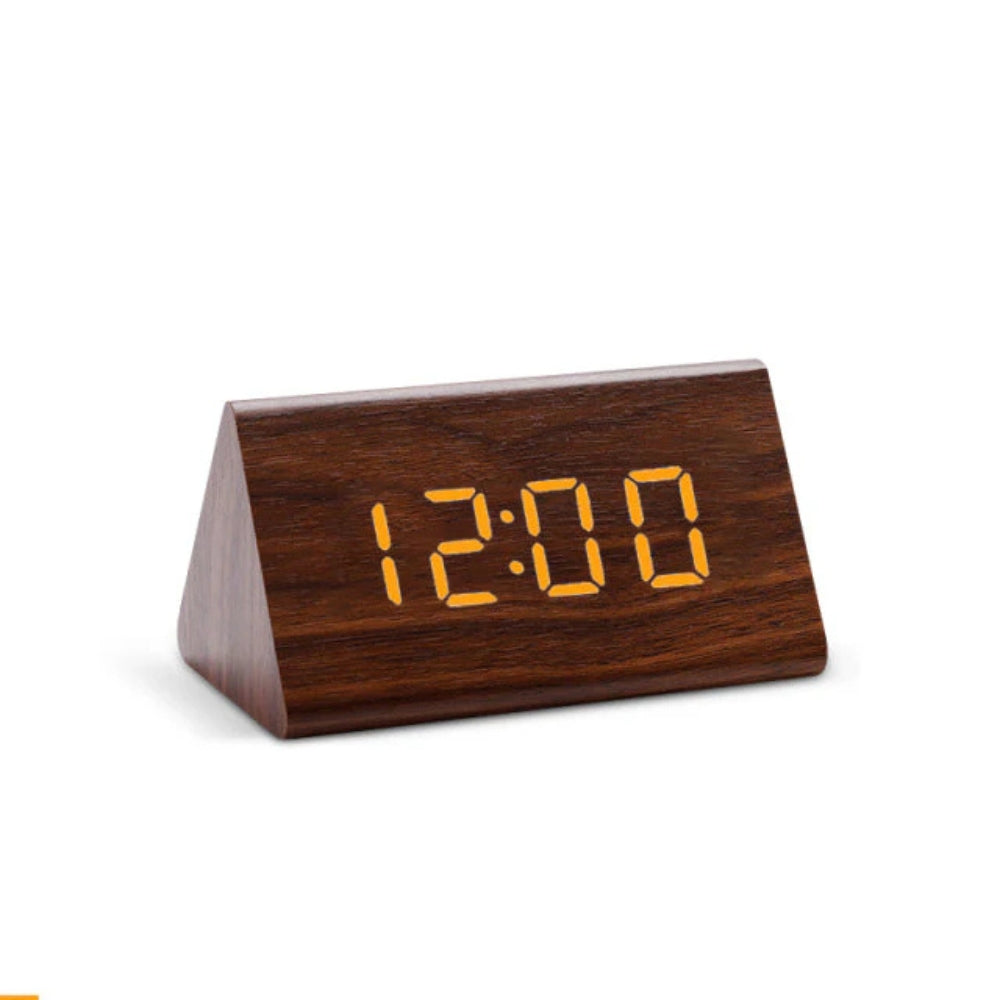 Digital Alarm Clock LED Triangle Design 3 Alarms Wood Texture
