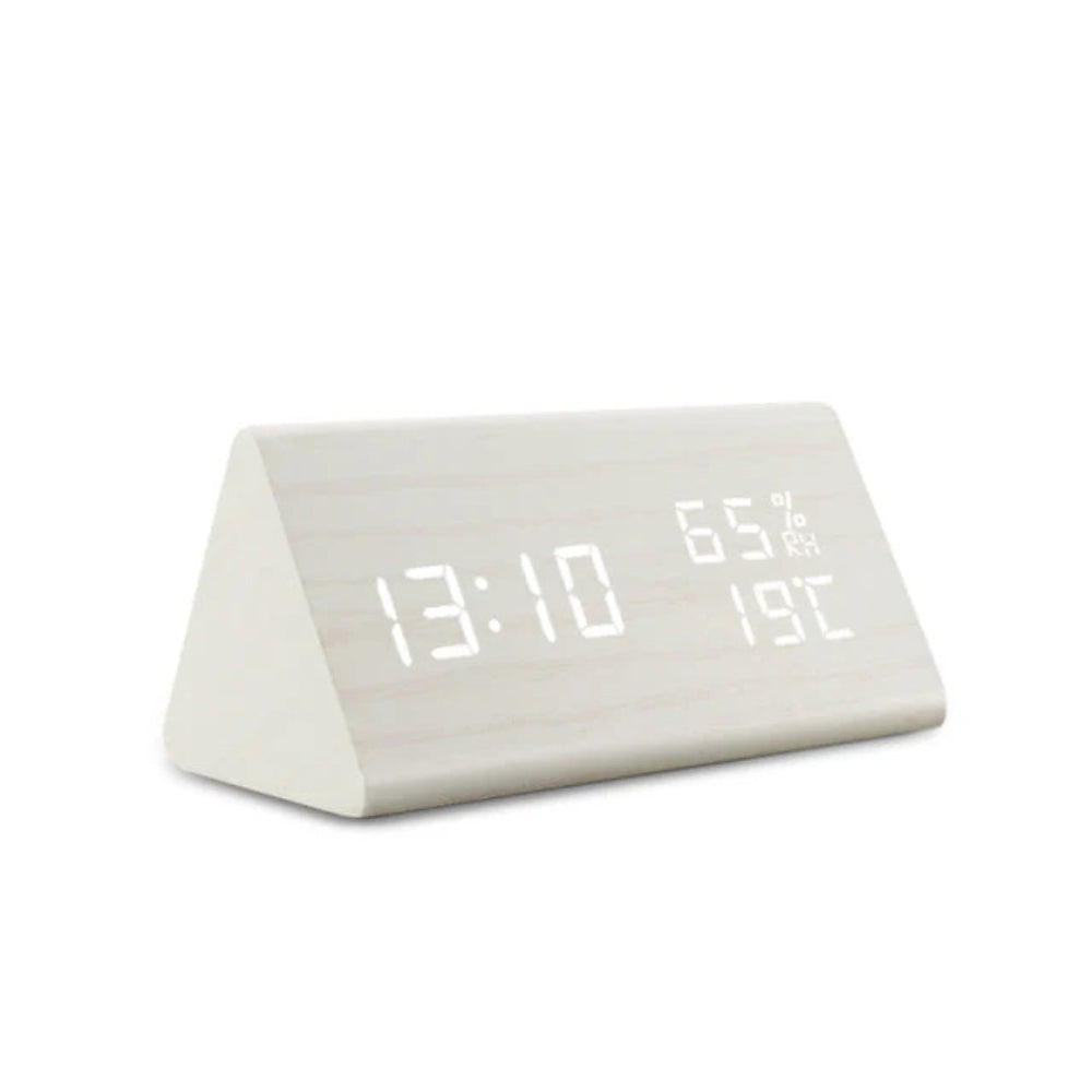 Digital Alarm Clock LED Triangle Design 3 Alarms Wood Texture