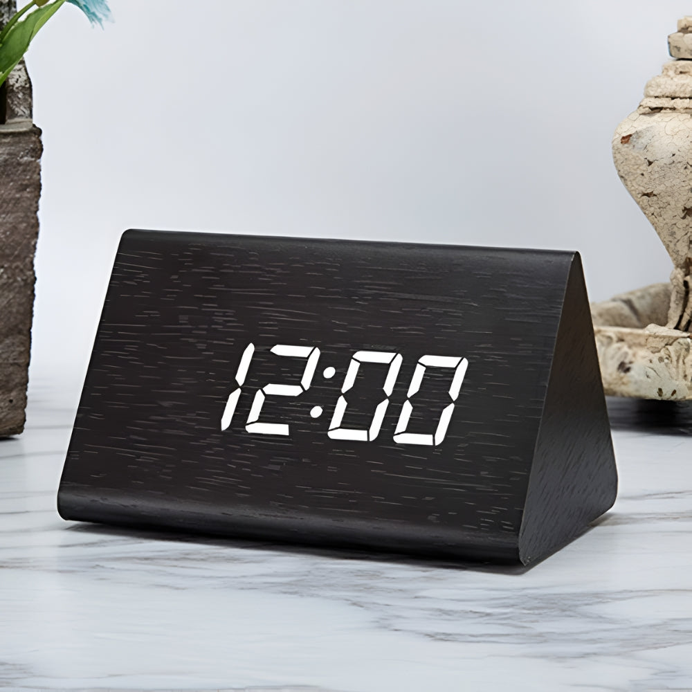 Digital Alarm Clock LED Triangle Design 3 Alarms Wood Texture