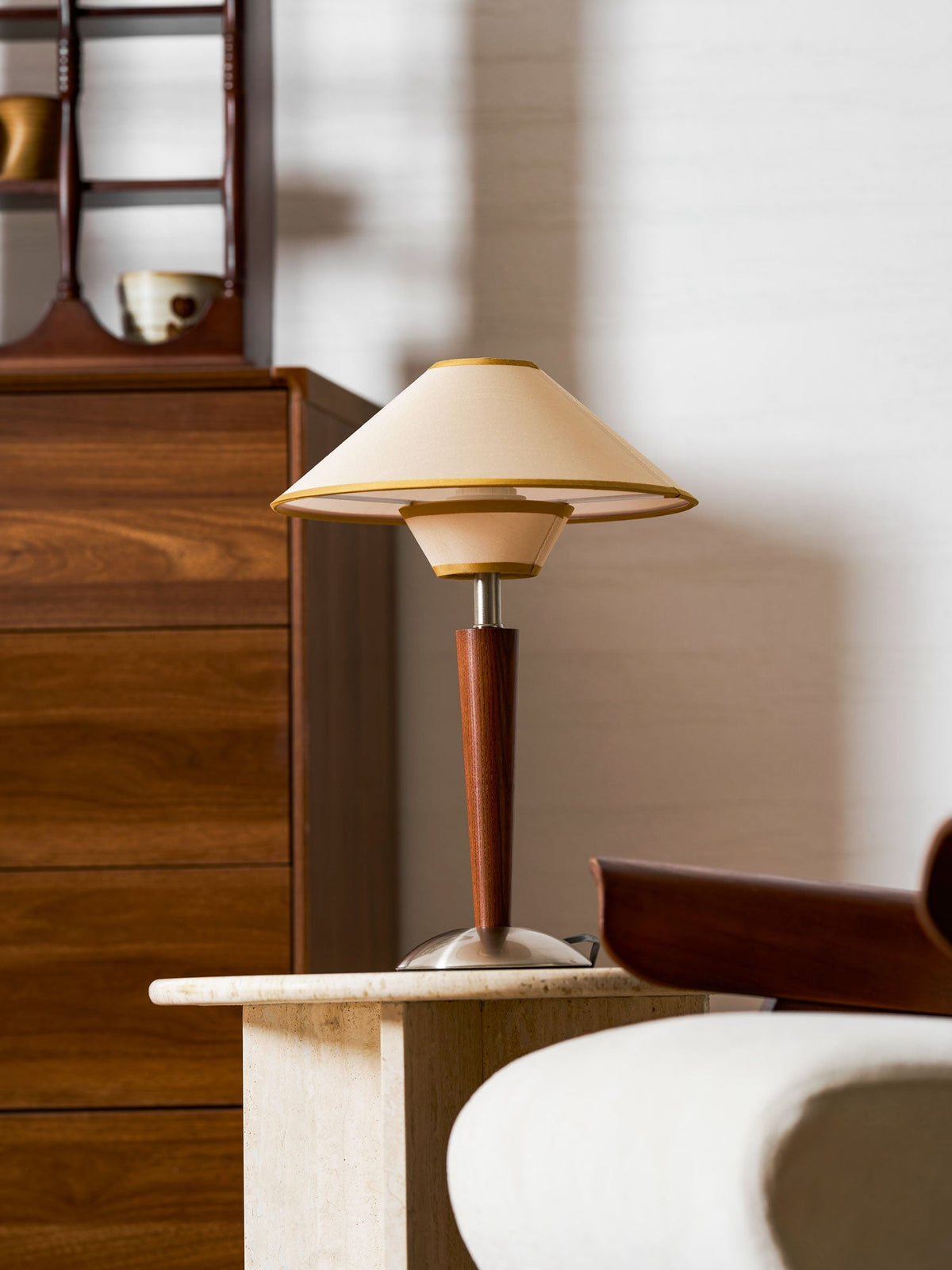 Table Lamp with Solid Wood Column and Fabric Shade Brown