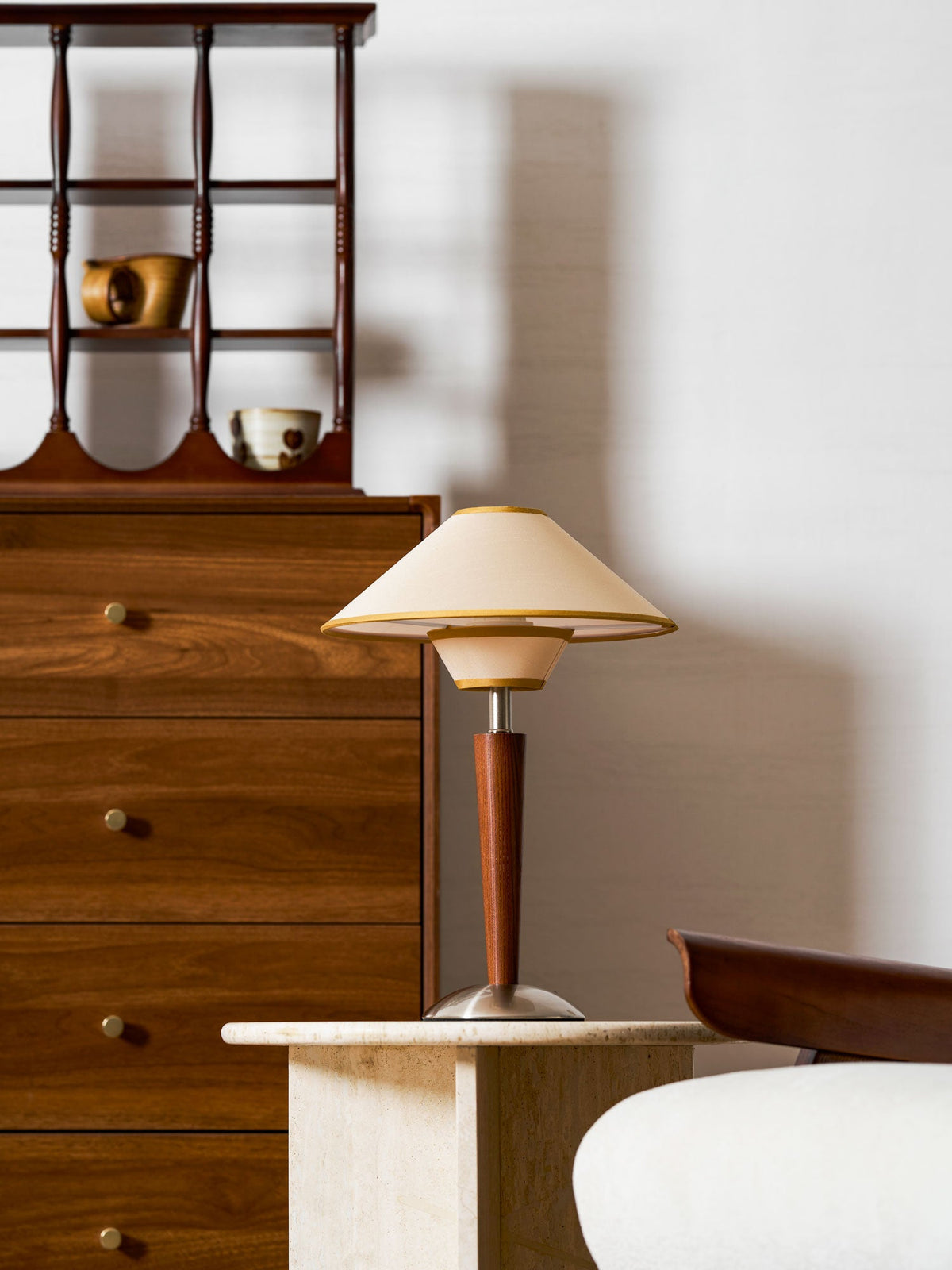 Table Lamp with Solid Wood Column and Fabric Shade Brown