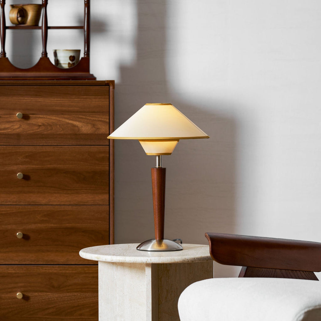 Table Lamp with Solid Wood Column and Fabric Shade Brown