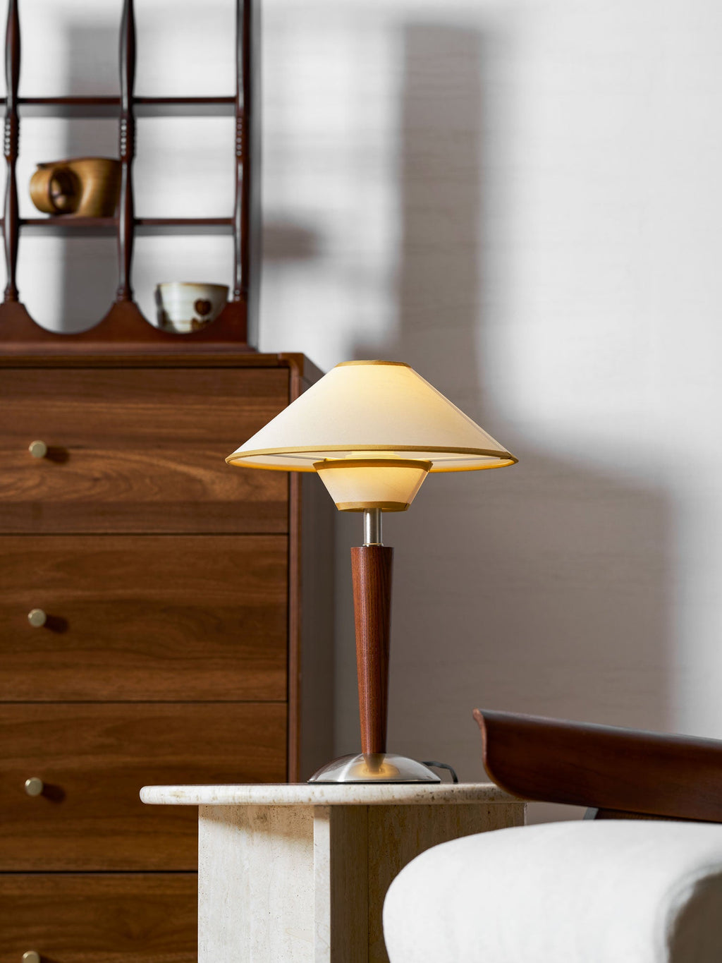 Table Lamp with Solid Wood Column and Fabric Shade Brown
