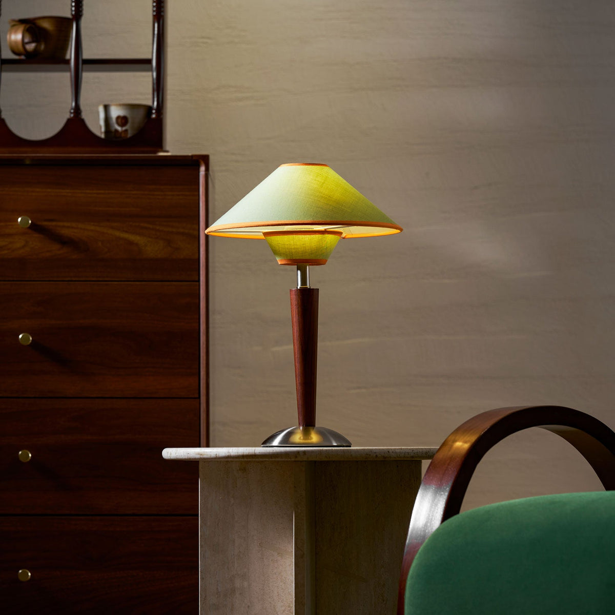 Table Lamp with Solid Wood Column and Fabric Shade Brown
