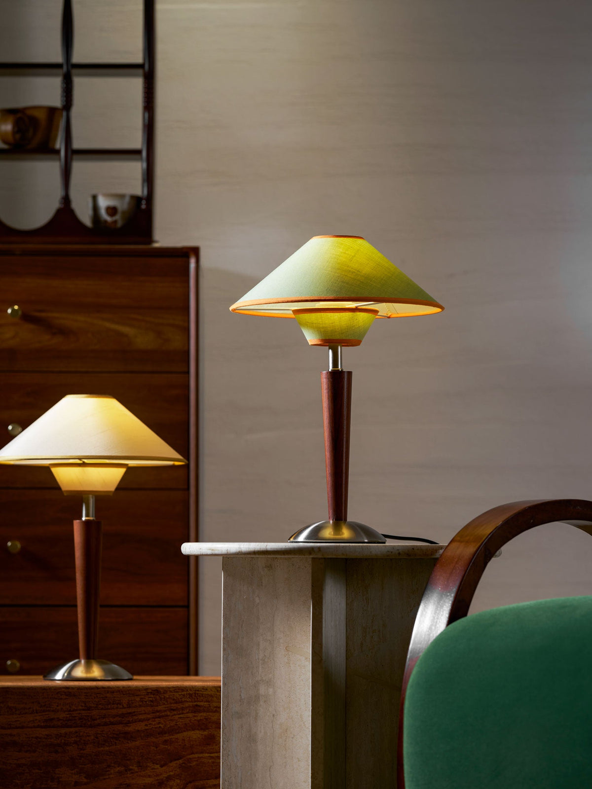 Table Lamp with Solid Wood Column and Fabric Shade Brown