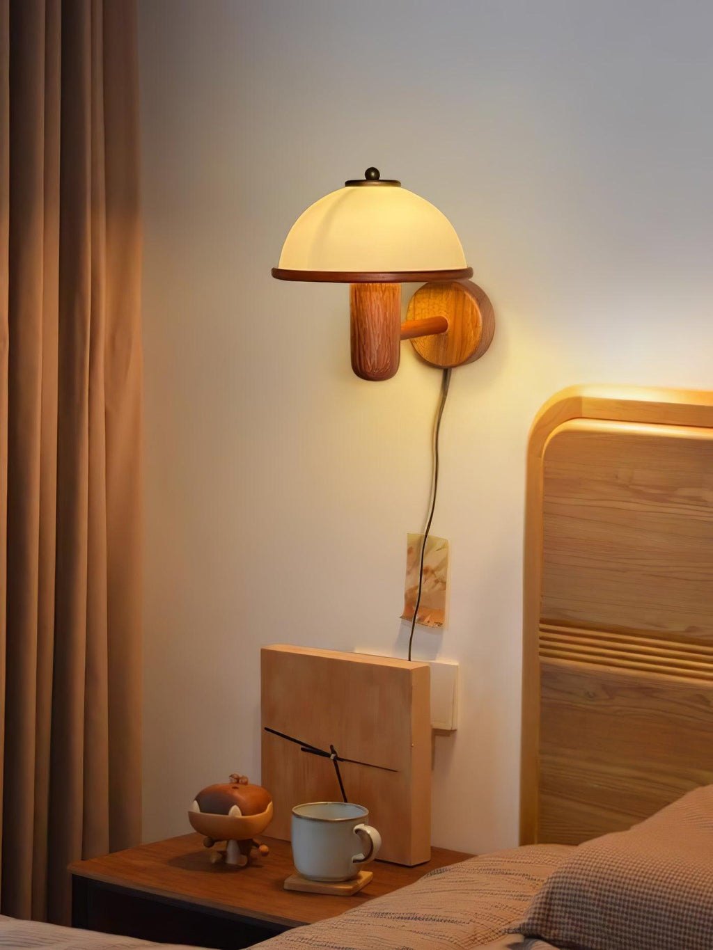 Wall Lamp 11 Inches Oak Wood Mushroom Shape White Shade