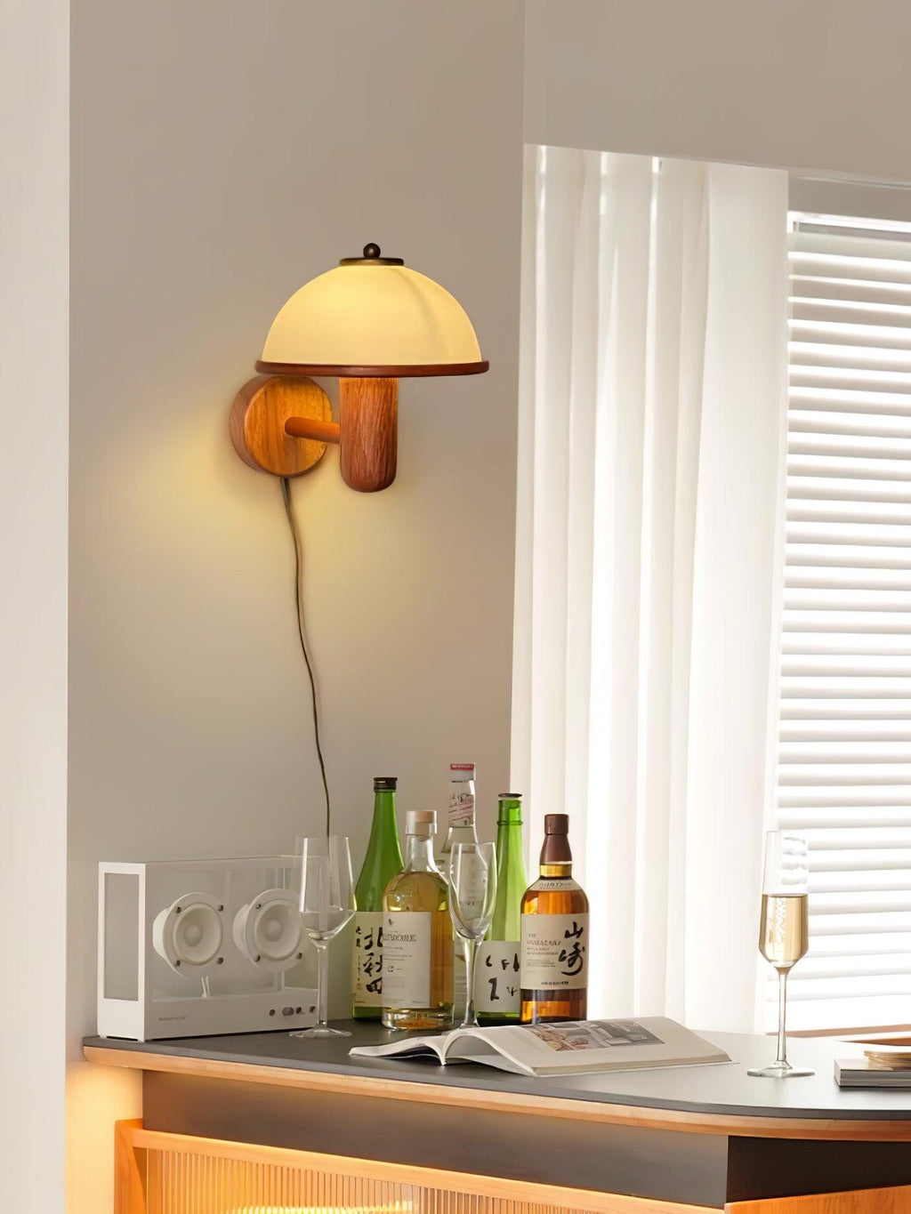 Wall Lamp 11 Inches Oak Wood Mushroom Shape White Shade