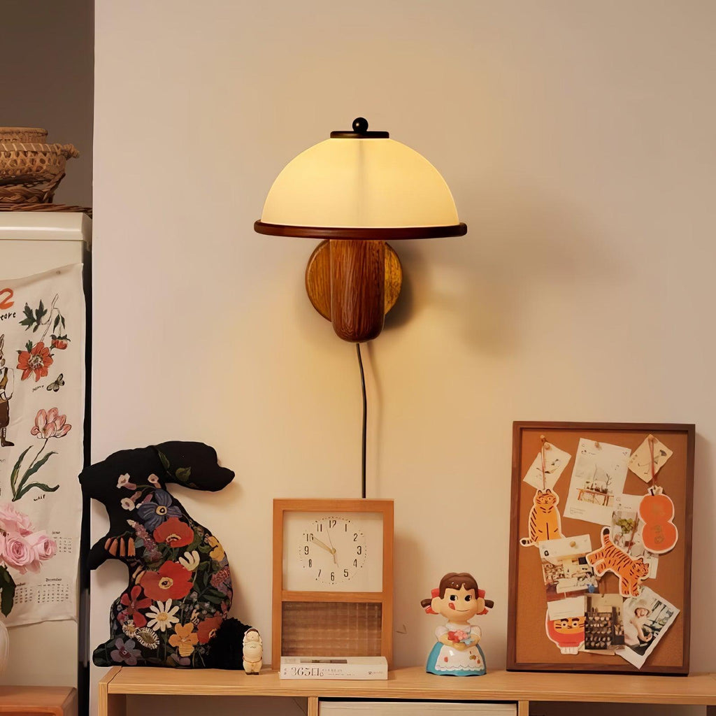 Wall Lamp 11 Inches Oak Wood Mushroom Shape White Shade