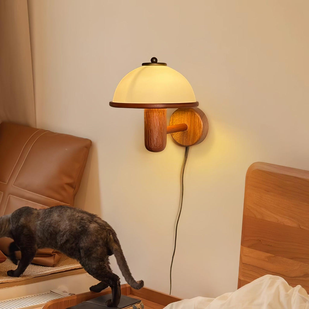 Wall Lamp 11 Inches Oak Wood Mushroom Shape White Shade