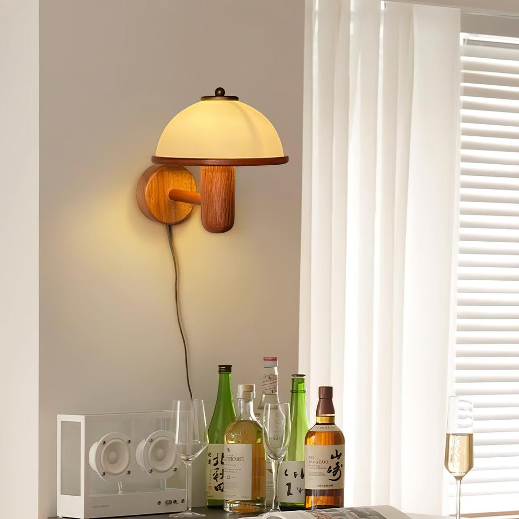Wall Lamp 11 Inches Oak Wood Mushroom Shape White Shade