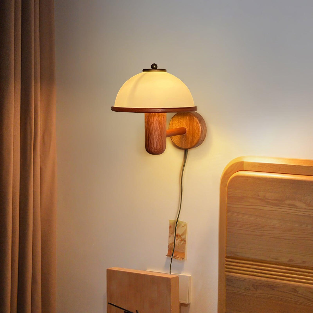 Wall Lamp 11 Inches Oak Wood Mushroom Shape White Shade