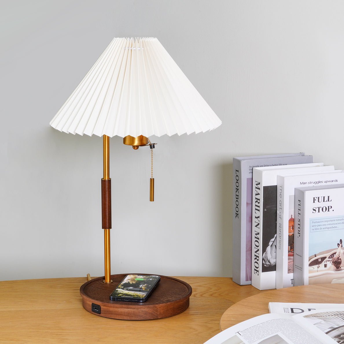 Table Lamp 20.4 Inches Walnut Base Pleated Linen Shade