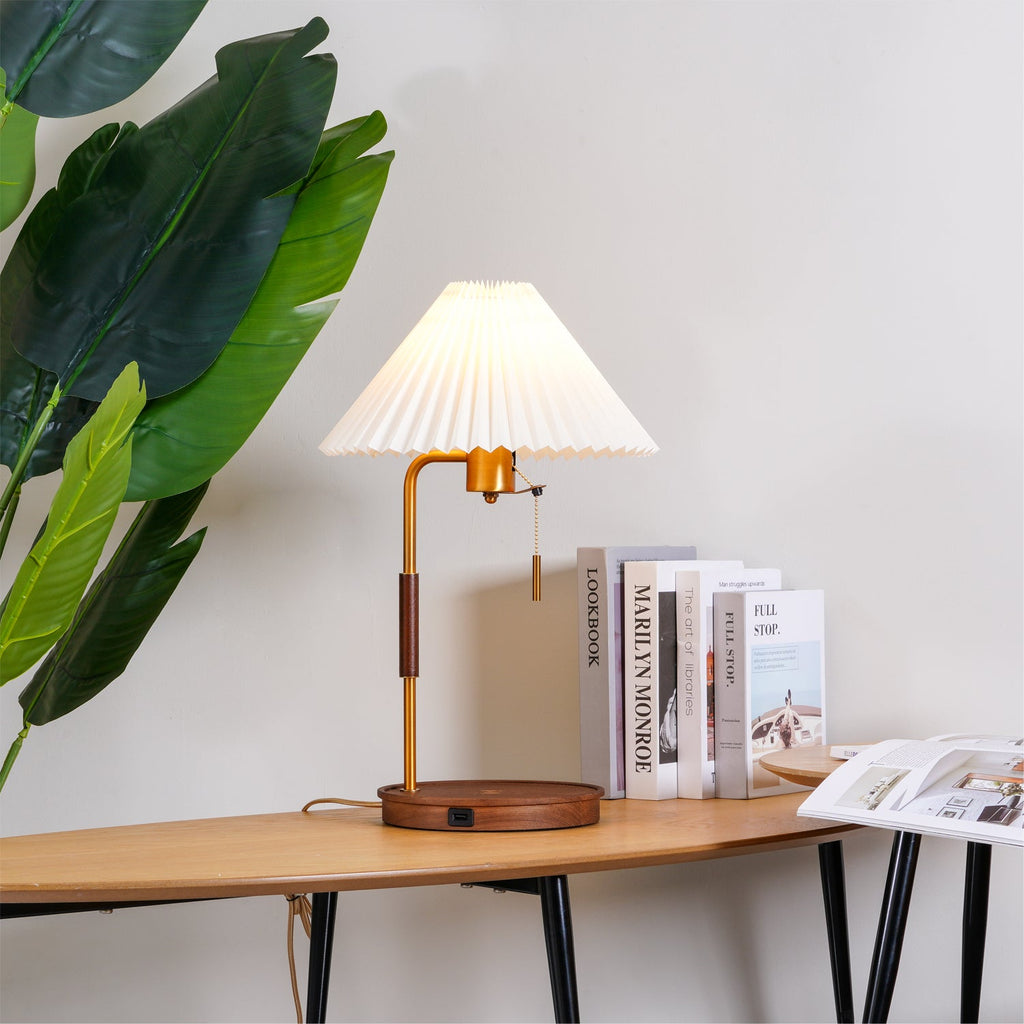 Table Lamp 20.4 Inches Walnut Base Pleated Linen Shade